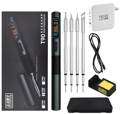 ALIENTEK Kit de soldador digital de 140 W, T90 de calentamiento rápido, temperatura ajustable PD3.1/QC, pantalla OLED digital portátil tipo C, bolígrafo de soldadura USB C245 (juego de soldador T90B)