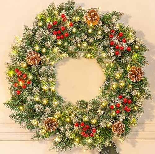 Weihnachtskranz für Tür, 60 cm Adventskranz, Weihnachtsdeko, Hängekranz, Künstlicher Tannenkranz, weihnachtstürkranz mit Beeren, Weihnachten Dekor für Innen und Außen