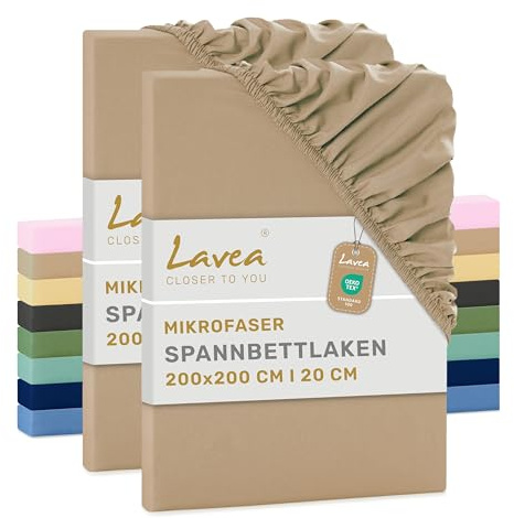 Lavea® 2er Set Spannbettlaken 200x200 cm - Sand | Mikrofaser, Bettlaken mit Rundumgummi, für Matratzen bis 20 cm, atmungsaktiv und kühlend, pflegeleicht, Spannbetttücher