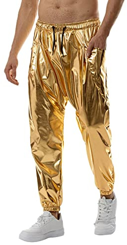 WAZHAKU Metallic Hose Herren Glänzende Disco Party Jogginghose Glitzer Glitzernde Festival Nachtclub mit Taschen Metallisch Glitzernde Abschlussball 70Er 80Er Jahre Disco Party Fasching Outfit
