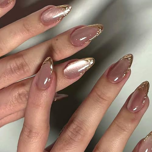 Viugex 24Pcs French Tip False Nails, Pink Cat's Eye Glitter Press on Nails Almond, 3D Gold Glossy Fake Nail Medium Length, Natural Acrylic Full Cover Stick on Nails for Women and Girls Daily Wear