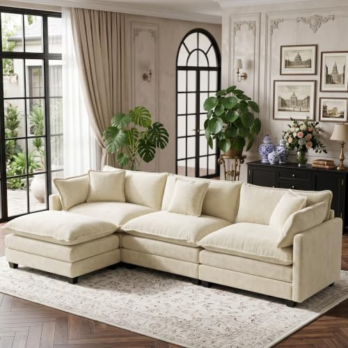 Sofá Modular en Forma L de 3 plazas de 289cm en Chenilla Beige con Cojines | Sofá modular combinable libremente de chenilla con paneles de reposabrazos, ideal para viviendas y apartamentos.