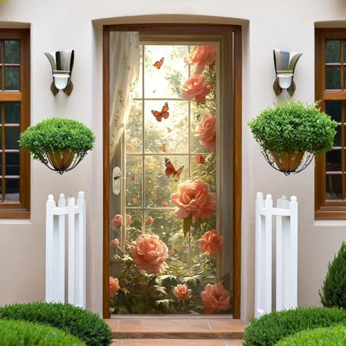 Rouge Autocollant Porte 90x200 cm Rose 3D Art Stickers de Porte PVC Imperméable Trompe L'Œil Papier Peint Murale pour Salon Cuisine Chambre Salle de Bain Decoration