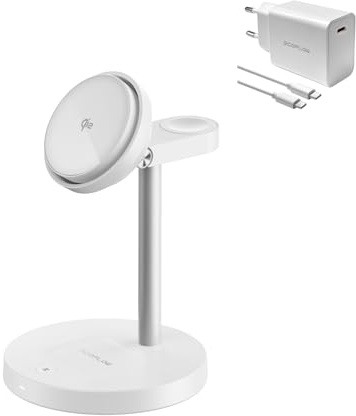 EcoFlow 3 in 1 Qi2 Magsafe Apple Ladestation mit Verstellbarer Ständer, Kabellose iPhone Ladestation Magnetisches Kabelloses Ladegerät 15W für iPhone 17/16/Series, Apple Watch und AirPods, Weiß