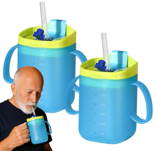 Foreverup 2PCS Elderly Spill Proof Cups, 280ml Unspillable Cup with 2 Handles, Feeding Cup with Lid and Straw, Elderly Drinking Cup with Accurate Scale for the Elderly, Disabled Patients