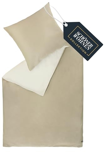 SCHÖNER WOHNEN Play Bettwäsche 135x200 Baumwolle Beige - Frühlingsbettwäsche Uni Design - ÖKO-TEX Bettwäsche-Sets 2teilig aus 1x Bettwäschebezug 135x200cm & 1x Kopfkissenbezug 80x80cm
