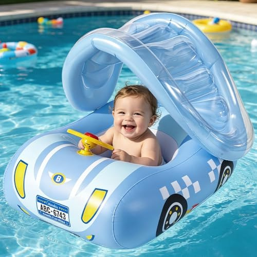 Nzkeuf Bouee Bebe avec Pare Soleil, Bouée bébé de Piscine Inflable en Forme de Voiture avec Volant pour Le Jeu Nageurs, Conception Anti-Retournement, pour Tout-Petits de 12 à 48 Mois