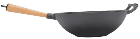 SEAFRONT Wok en Fonte, Poêle à Frire de 30 Cm avec Manche en Bois de Hêtre, Rétention Uniforme de la Chaleur, de Cuisson à Verrouillage de Saveur, pour Cuisinière à Gaz à Induction, Barbecue de