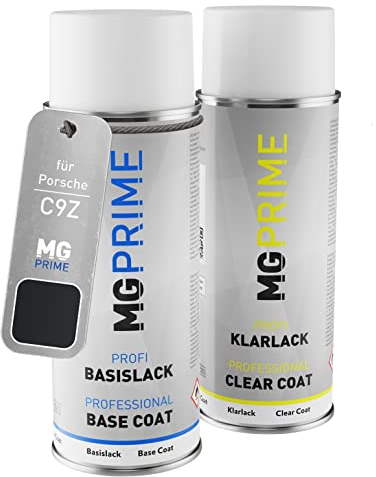 MG PRIME Autolack Sprühdosen Set für Porsche C9Z / Z4 Basaltschwarz Perleffekt/Basalt Black Metallic Basislack Klarlack Spraydose 400ml