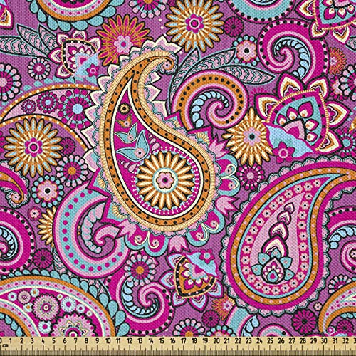 ABAKUHAUS Paisley Stoff als Meterware, Asiatische Blumen und Sonne, Seidiger Satin Stoff Zum benähen von Heimtextilien, 2M (148x200cm), Magenta Orange