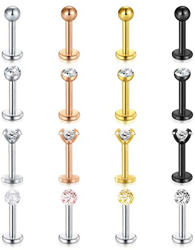 Mayhoop 6mm 16G=1.2mm Tragus Helix Piercing Lippenpiercing 16er Set Chirurgenstahl CZ Labret Stecker Set Piercing Schmuck