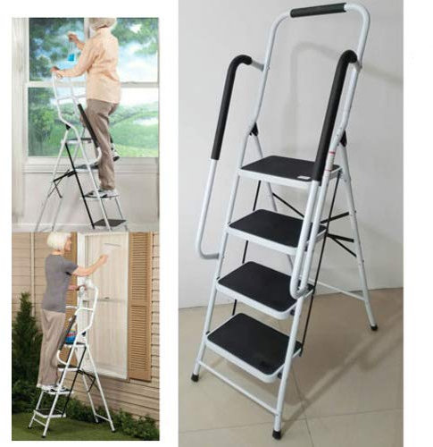 Klappbare Trittleiter mit 4 Stufen, mit Handlauf und rutschfesten Gummifüßen, robuste Stahlleiter, tragbar, leichte Haushaltsleiter, einfach zu verstauen und zu tragen, max. 150 kg Traglast