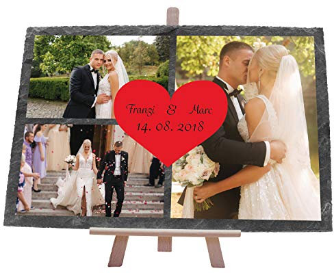 wandmotiv24 Schiefertafel Hochzeit mit Staffelei, Personalisierbar Digitaldruck Farb-Fotos + Vornamen und Datum, Querformat 30x20cm, Hochzeitsgeschenk, Geschenkidee Brautpaare, Verlobung
