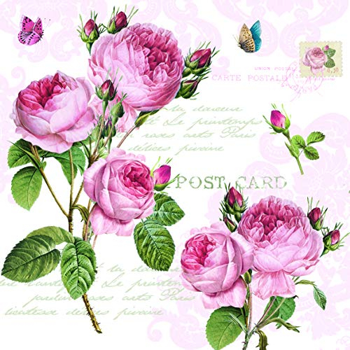 Birsppy 20 Servietten Rosa Rosen an Schrift | Blumen | Hochzeit | Vintage 33x33cm