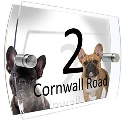 Colourbat House Number Sign Plaque Garden Glass Effect Acrylic Sign Door Plate Marble Wall Display 2 Part Branded Acrylic (French Bulldogs)