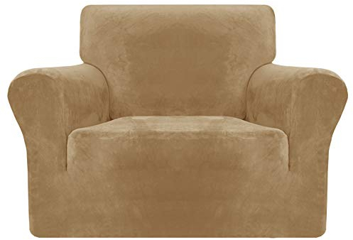 MAXIJIN Dicke Samt Stuhlhussen für Sessel Stretch rutschfeste Sofabezug 1-Sitzer Hunde Katze Haustier Wohnzimmer 1-teiliger Couch Protector Stuhl Schonbezug (1 Sitzer, Kamel)
