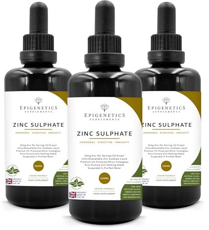 Zinc Sulphate 300ml | 3 x 100ml Bottle Pack | Ionic Zinc Mineral + Purified Water | UK Made Vegan Friendly Liquid | 10mg Dose (399 Servings)