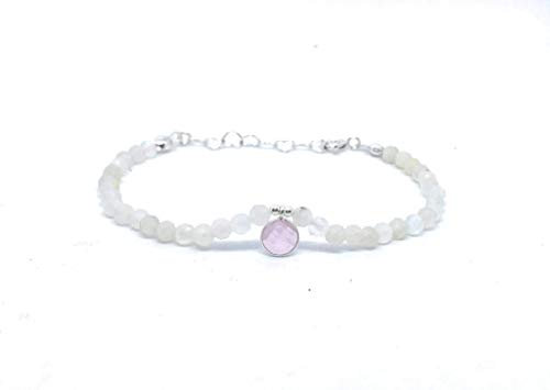 Bracciale in pietra di luna naturale di 4 mm di spessore, ciondolo in argento sterling al quarzo rosa con catena a cuore regolabile da 16 mm a 19 mm