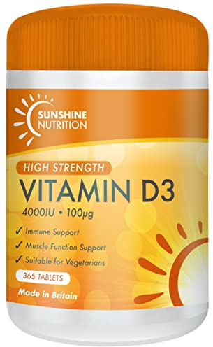 Vitamin D Tablets - Maximum High Strength D3 4000IU - One a Day - 365 Days Supply, Easy to Swallow (Adults D3 Tablets) by Sunshine Nutrition. Made in UK.