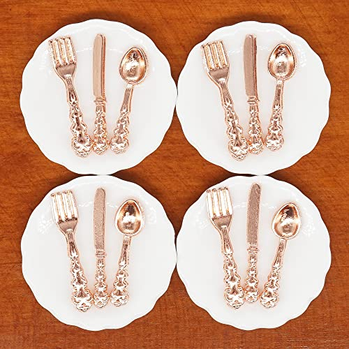 Odoria 1/12 Miniatura 4pz Platos y 12pz Cubiertos Cocina Accesorio para Casa de Muñecas, Cobre