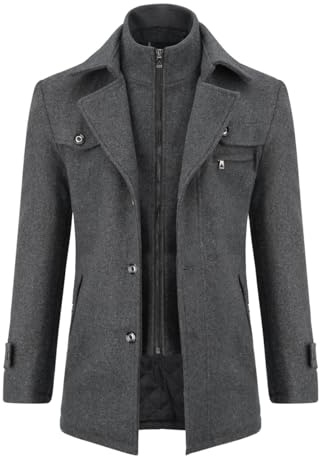 Allthemen Mens Winter Wool Trench Coat Mid Length Overcoat | Mens Wool Blend Double Collar Coat Slim Fit Winter Warm Overcoat Business Casual Coat for Wedding Formal Office