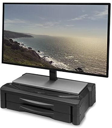 ACT Supporto per monitor con 2 cassetti, formato A4, altezza regolabile, per scrivania, schermo max. 32, peso max. 10 kg, piedini in gomma antiscivolo per una maggiore stabilità - AC8215, nero