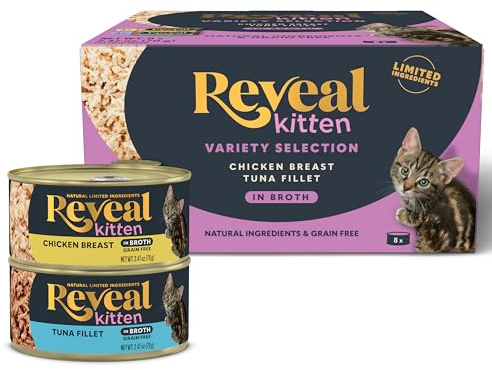 Reveal Natural Wet Kitten Food, Limited and Natural Ingredients, Grain Free, High Protein with No Artificial Additives, Chicken & Tuna Variety in Broth (8 x 2.47 oz Cans)