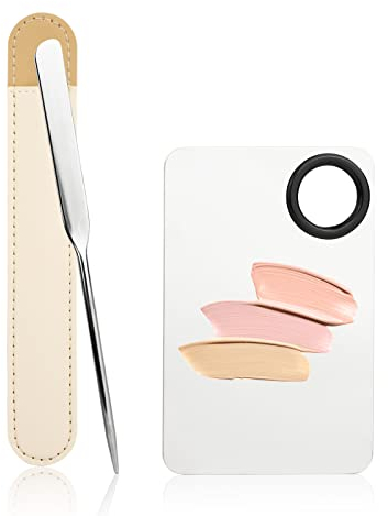 Runmeihe Makeup Mixing Palette with Spatula, Stainless Steel Hand-Held Make Up, Professional for Korean, Comestics, 3.0 count
