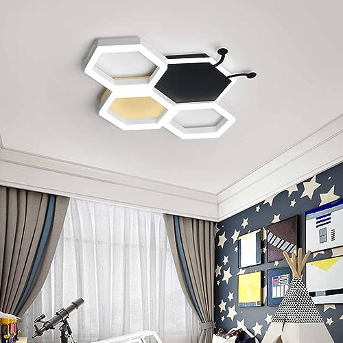 Schlafzimmer für Kinder LED Deckenleuchte Schlafzimmer und Wohnzimmer Kronleuchter Wabenform dimmbar 30W Deckenlampe Kleine Biene Deckenleuchten mit Fernbedienung Innenbeleuchtung Bee Style