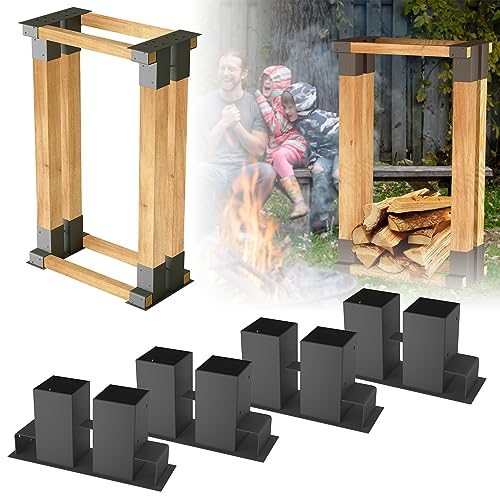 JOIEYOU Holzstapelhilfe, 4 Stück Stapelhilfe für Brennholz Außen, Holzunterstand Kaminholzregal Metall Gestell Holz - Schwarz