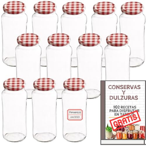 Awiku Tarros de Cristal de 570 ml con Tapa de Rosca Hermética de metal + Ebook de 102 Recetas - Frascos para Purés, Mermelada, Conservas, Salsas - Incluye Etiquetas (12)