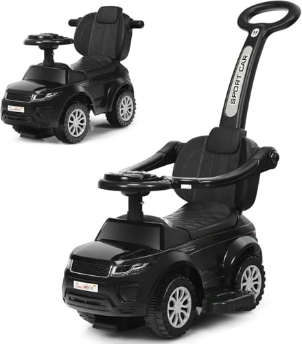 GYMAX 3 in 1 Kids Ride on Push Car, Push Along Car with Handle, Guardrails, Lights, Horn & Music, Underneath Storage, Toddler Sliding Toy for 1-3 Years Old Boys Girls (Black)