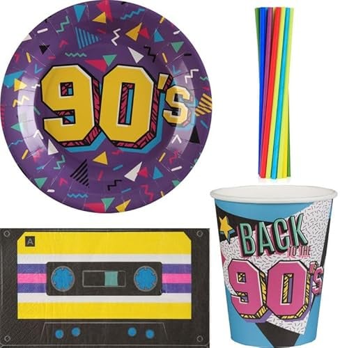 Playflip 90er Jahre Party Einweggeschirr Partygeschirr Deko Set Partyset 90s Dekoration Teller Becher Servietten