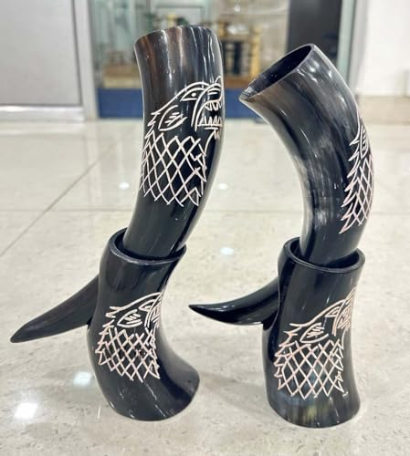 Nautical Replica Hub Lot de 2 tasses en forme de corne de bœuf avec support en forme de loup style viking pour bière, vin, hydromel UK8981