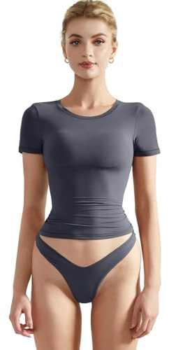 SUUKSESS Women Double Lined Fitted Basic Tee Crew Neck Short Sleeve Y2K Crop Top
