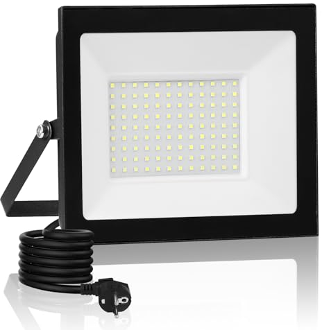 100W LED Strahler Außen mit Stecker & 3M Kabel,10000LM 3000K Warmweiß Strahler Außen,IP66 Wasserdicht Fluter Flutlichtstrahler,LED Scheinwerfer Aussenstrahler für Hof Garten Garage