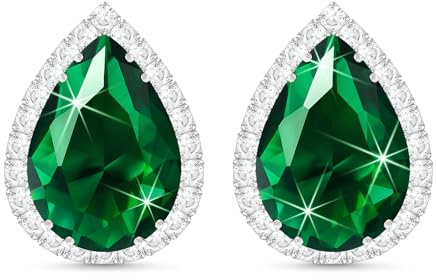 Linawe Silver Emerald Green Stud Earrings, Imitation Diamond Cubic Zirconia Earrings Studs Women, Teardrop Rhinestone Crystal Formal White Gold Earring Set Wedding Bridal Bridesmaid