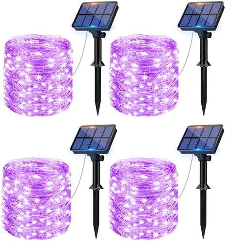 litogo [4 Stück Solar Lichterkette Aussen, 12M 120Led Lichterkette Solarlichterkette für Außen Wasserdicht KupferDraht Outdoor lichterkette Deko Draußen 8 Modus für Balkon, Weihnachten Violett