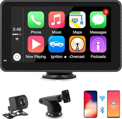 Pantalla de Coche con CarPlay y Android Auto Inalámbricos, Pantalla Portátil CarPlay de 7 Pulgadas con Cámara Trasera 720P, Compatible con Bluetooth, Airplay/Mirror Link, Siri/Google, GPS, FM, AUX