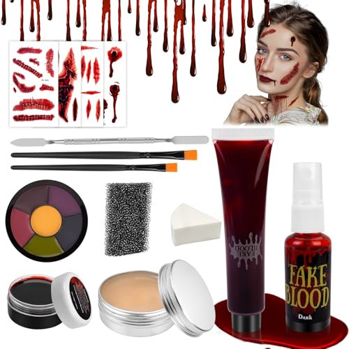 Karneval Kunstblut Set - Karneval Vampir Make up Set I Kunstblut Spray, Narbenwachs, Fakeblut, Narben Tattoo & Mehr - SFX Makeup Set für Karneval Cosplay Zombie Vampir Gesichtsschminke