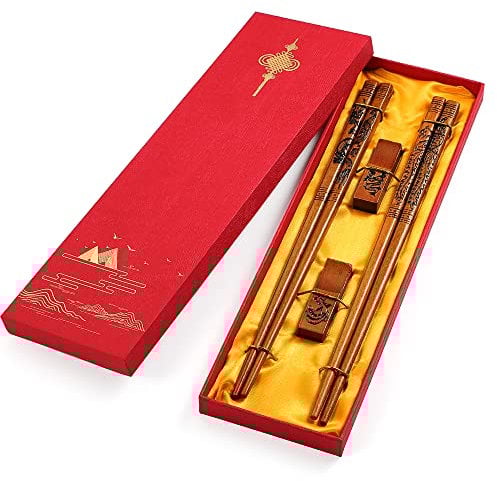 Chopsticks Reusable- Dragon and Phoenix Chopsticks Set, Chinese Style Natural Wooden Chopstick Gift Set （2 Pairs