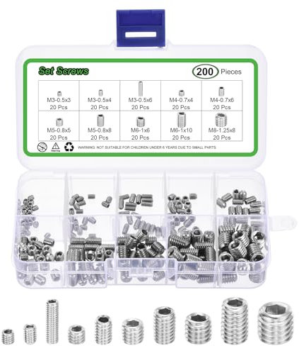 sourcing map Allen Head Socket Hex Grub Screw Assortment Kit,200PCS M3/M4/M5/M6/M8 304 Stainless Steel Internal Hex Drive Cup-Point Set Screws Assortment Kit