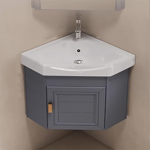 GSATREY Eckwaschbecken Mit Unterschrank, Wandmontiertes Keramik Waschbecken, Badezimmer-Waschbecken, Mit Wasserhahn, Badunterschrank Waschbecken, Badmöbel-Set, Für Badezimmer(Gray,38cm/15in)