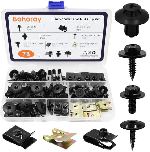 Bohoray Kit di 78 viti e clip per dado, viti sottoscocca motore, viti e bulloni per auto, viti per parafango per carrozzeria auto, kit universale di clip a U per auto e dispositivi di fissaggio set di