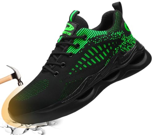 Zapatillas de Trabajo para Hombre Zapatos de Trabajo Mujer con Punta Acero Zapatos de Seguridad Unisex Zapatillas de Trabajo Botas de Seguridad Verano Transpirables Comodo Negro Verde 41