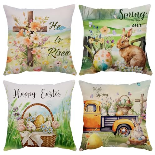 Set di 4 federe per cuscini pasquali, 30,5 cm x 12 cm, in morbido velluto, motivo primaverile, coniglietto, uovo, fiori, camion, per casa, esterni, divano, decorazione (30,5 cm)