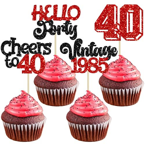 Gyufise 24Pcs Happy 40th Birthday Cupcake Toppers Star 40 Hello Forty Vintage 1985 Cupcake Picks Cheers to 40 Birthday Decorations for 40th Birthday Anniversary Party Decorations Supplies Red