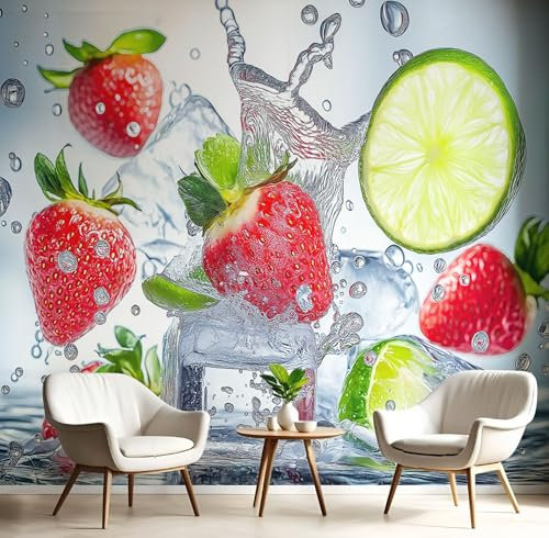 Seide Fototapete GrüNlandobst 400×280 CM (W×H), Foto Tapete Schlafzimmer Wohnzimmer Seide tapete, Wandtapete Erdbeere Zitrone Motivtapeten Bildtapete 3d Effekt Wand Dekoration