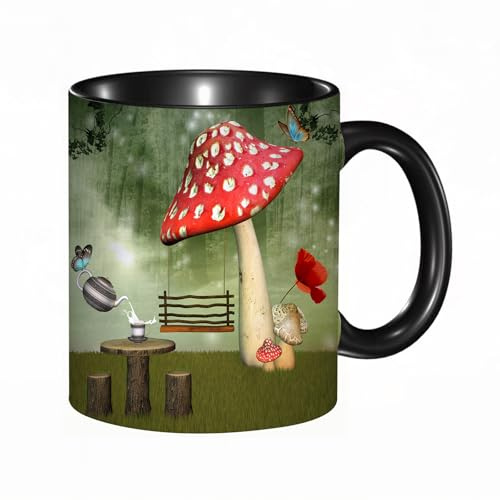 HRRASFAZF Tasse Kaffeetassen,Große 330ml Mit Henkel 100% Handbemalt kaffeebecher porzellan,Pilz, Picknick im Fantasy-Garten Holztisch Mohnblume Schaukel Teekanne und Milch,Frauen,Jahrestag,Muttertag