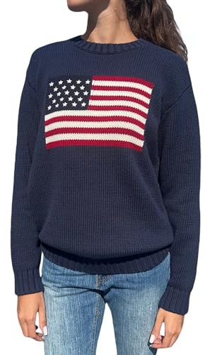 Luckinbaby Pullover mit amerikanischer Flagge für Damen, gestreifter Sternenpullover, USA-Sweatshirt, patriotisch, gestrickt, lockerer Pullover